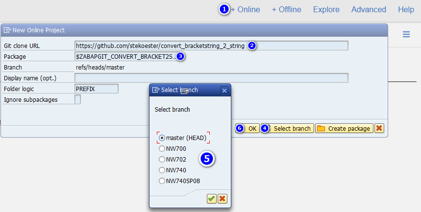 abapGit online repository import wizard